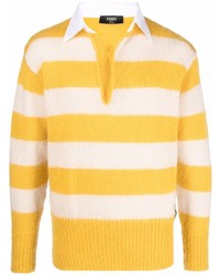 Мужской горчичный свитер с воротником поло в горизонтальную полоску от Fendi