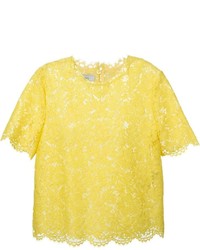 Женская желтая кружевная футболка с круглым вырезом от Valentino