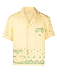 Мужская желтая льняная рубашка с коротким рукавом с вышивкой от Bode
