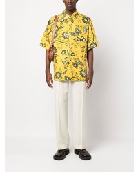 Мужская желтая льняная рубашка с коротким рукавом с цветочным принтом от Erdem
