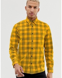Мужская желтая рубашка с длинным рукавом в клетку от Pull&Bear