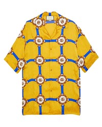 Мужская желтая рубашка с коротким рукавом с принтом от Gucci