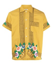 Мужская желтая рубашка с коротким рукавом с цветочным принтом от Bode