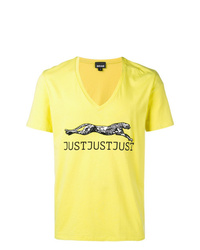 Мужская желтая футболка с v-образным вырезом с принтом от Just Cavalli