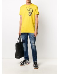 Мужская желтая футболка с круглым вырезом с принтом от Philipp Plein