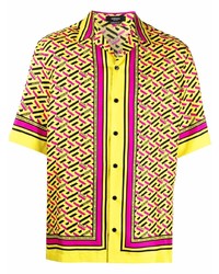 Мужская желтая шелковая рубашка с коротким рукавом с принтом от Versace