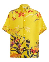 Мужская желтая шелковая рубашка с коротким рукавом с цветочным принтом от Etro