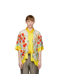 Мужская желтая шелковая рубашка с коротким рукавом с цветочным принтом от Gucci