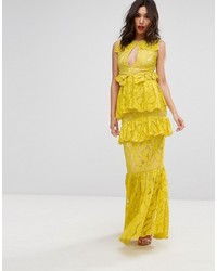 Желтое кружевное платье-макси