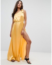 Желтое сатиновое платье-макси с разрезом от Asos