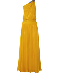 Желтое шелковое вечернее платье