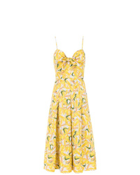 Желтое шелковое платье-миди с принтом от Andrea Marques