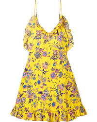 Желтое шелковое платье прямого кроя с цветочным принтом от Les Rêveries