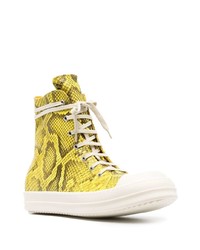 Мужские желтые кожаные высокие кеды со змеиным рисунком от Rick Owens