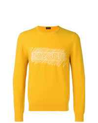 Желтый свитер с круглым вырезом с принтом