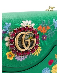 Зеленая кожаная сумка через плечо с цветочным принтом от Gucci