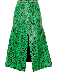 Зеленая кожаная юбка-миди со змеиным рисунком