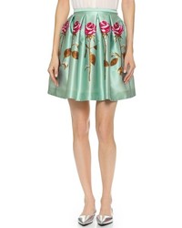Зеленая короткая юбка-солнце с цветочным принтом от Rochas