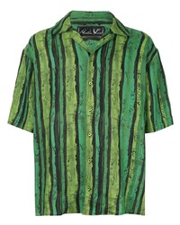 Зеленая льняная рубашка с коротким рукавом с принтом