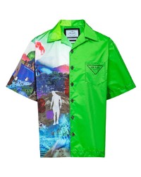 Мужская зеленая рубашка с коротким рукавом с принтом от Prada