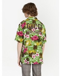 Мужская зеленая рубашка с коротким рукавом с цветочным принтом от Gucci