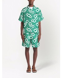 Мужская зеленая рубашка с коротким рукавом с цветочным принтом от Prada