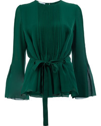 Зеленая шелковая блузка со складками от Oscar de la Renta
