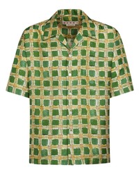 Мужская зеленая шелковая рубашка с коротким рукавом в клетку от Marni