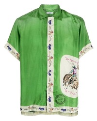 Зеленая шелковая рубашка с коротким рукавом с вышивкой