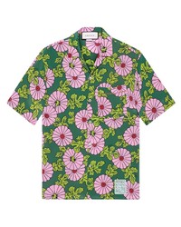 Зеленая шелковая рубашка с коротким рукавом с цветочным принтом