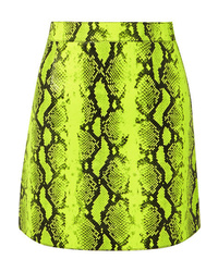 Зелено-желтая кожаная мини-юбка со змеиным рисунком