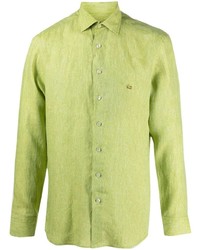 Зелено-желтая льняная рубашка с длинным рукавом