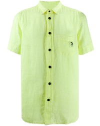 Зелено-желтая льняная рубашка с коротким рукавом