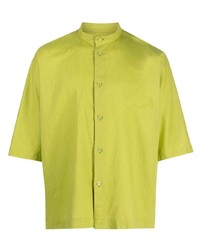 Мужская зелено-желтая льняная рубашка с коротким рукавом от Homme Plissé Issey Miyake