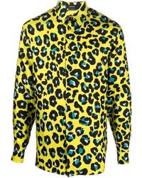 Мужская зелено-желтая рубашка с длинным рукавом с леопардовым принтом от Versace