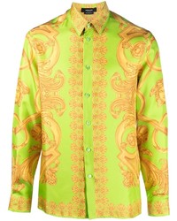 Мужская зелено-желтая рубашка с длинным рукавом с принтом от Versace