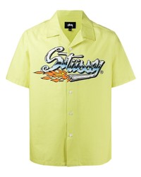 Мужская зелено-желтая рубашка с коротким рукавом с принтом от Stussy