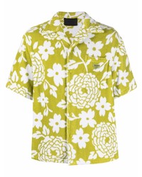 Мужская зелено-желтая рубашка с коротким рукавом с цветочным принтом от Prada