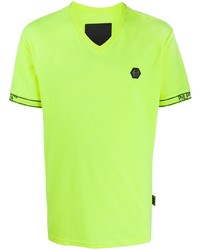 Мужская зелено-желтая футболка с v-образным вырезом от Philipp Plein