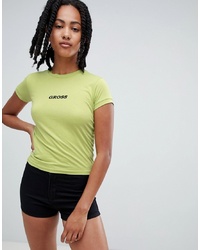 Зелено-желтая футболка с круглым вырезом с принтом