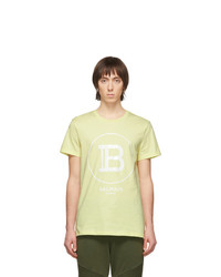 Мужская зелено-желтая футболка с круглым вырезом с принтом от Balmain