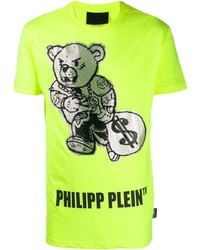Мужская зелено-желтая футболка с круглым вырезом с принтом от Philipp Plein