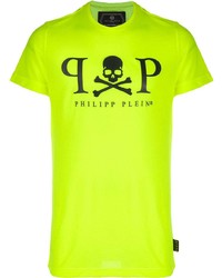 Мужская зелено-желтая футболка с круглым вырезом с принтом от Philipp Plein