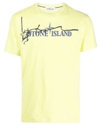 Мужская зелено-желтая футболка с круглым вырезом с принтом от Stone Island