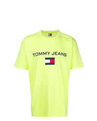 Мужская зелено-желтая футболка с круглым вырезом с принтом от Tommy Jeans