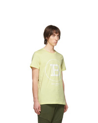 Мужская зелено-желтая футболка с круглым вырезом с принтом от Balmain