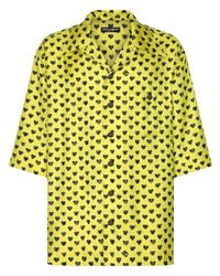 Мужская зелено-желтая шелковая рубашка с коротким рукавом с принтом от Dolce & Gabbana