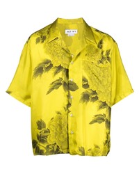 Зелено-желтая шелковая рубашка с коротким рукавом с цветочным принтом