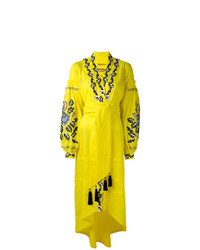 Зелено-желтое льняное платье-миди с вышивкой от Yuliya Magdych