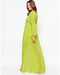 Зелено-желтое платье-макси с украшением от Amy Childs